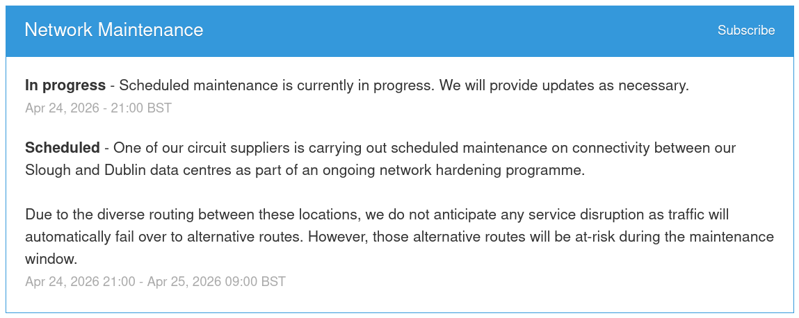 Scheduled maintenance is currently in progress. We will provide updates as necessary