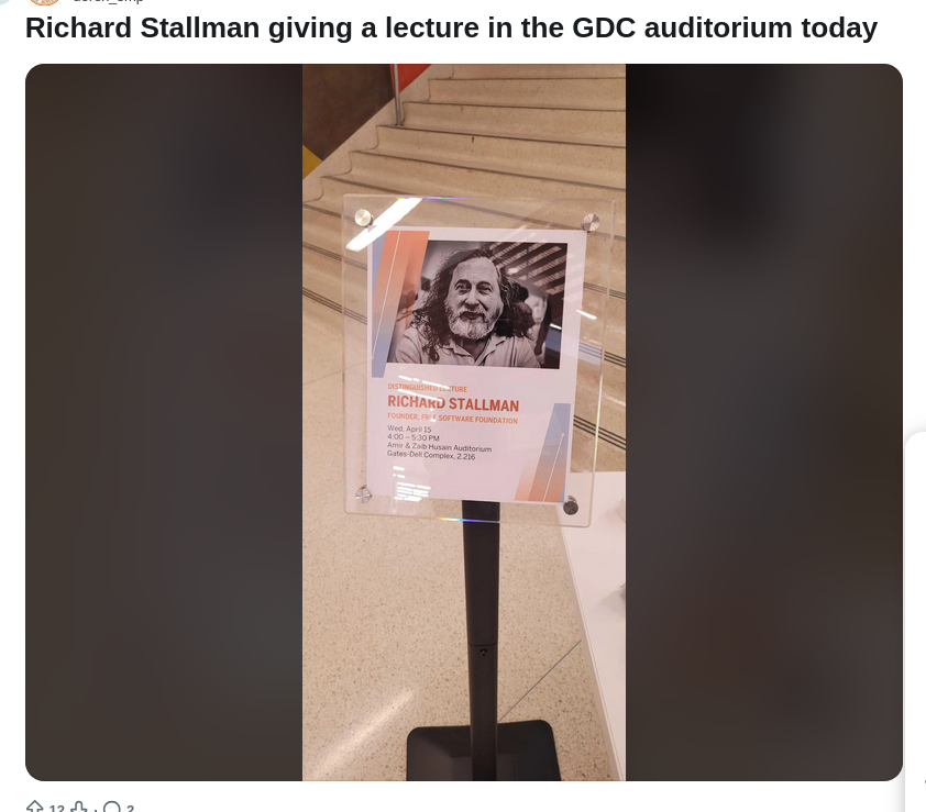 Richard Stallman giving a lecture in the GDC auditorium today