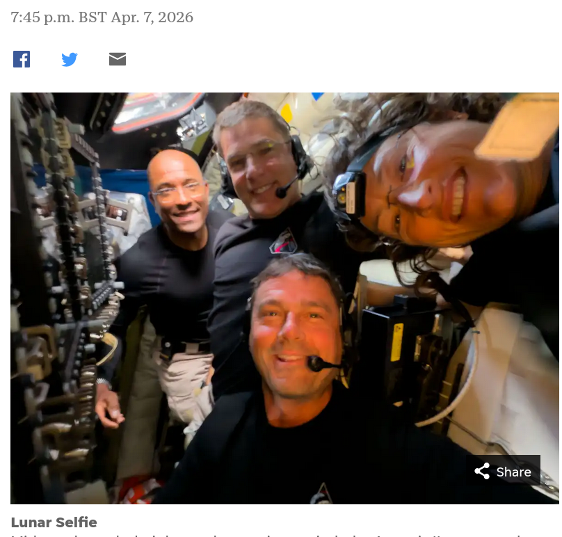 Midway through their lunar observation period, the Artemis II crew members, seen here (From left to right: Victor Glover, Jeremy Hansen, Reid Wiseman, and Christina Koch), pause to turn the camera around for a selfie inside the Orion spacecraft.