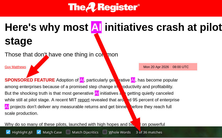 techrights.org - This Morning The Register MS Published SPAM With 'AI' 36 Times in It. This is What The Register MS is Paid to Publish.
