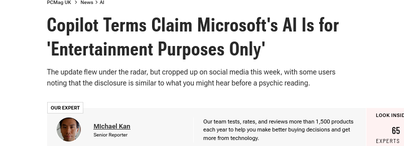 Copilot Terms Claim Microsoft's AI Is for 'Entertainment Purposes Only'