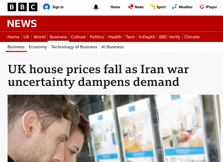 UK house prices fall as Iran war uncertainty dampens demand