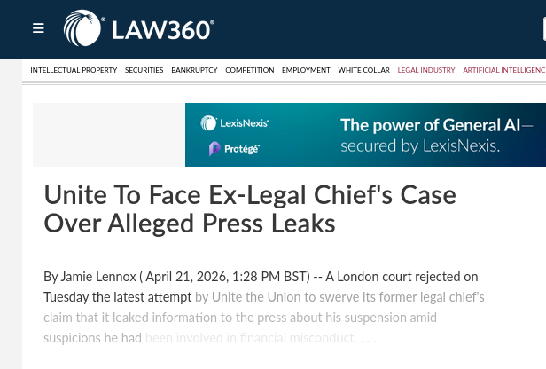 Unite To Face Ex-Legal Chief's Case Over Alleged Press Leaks