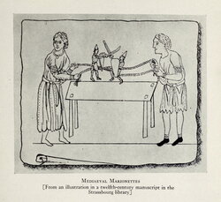 Mediaeval Marionettes [From an illustration in a twelfth-century manuscript in the Strassbourg library]