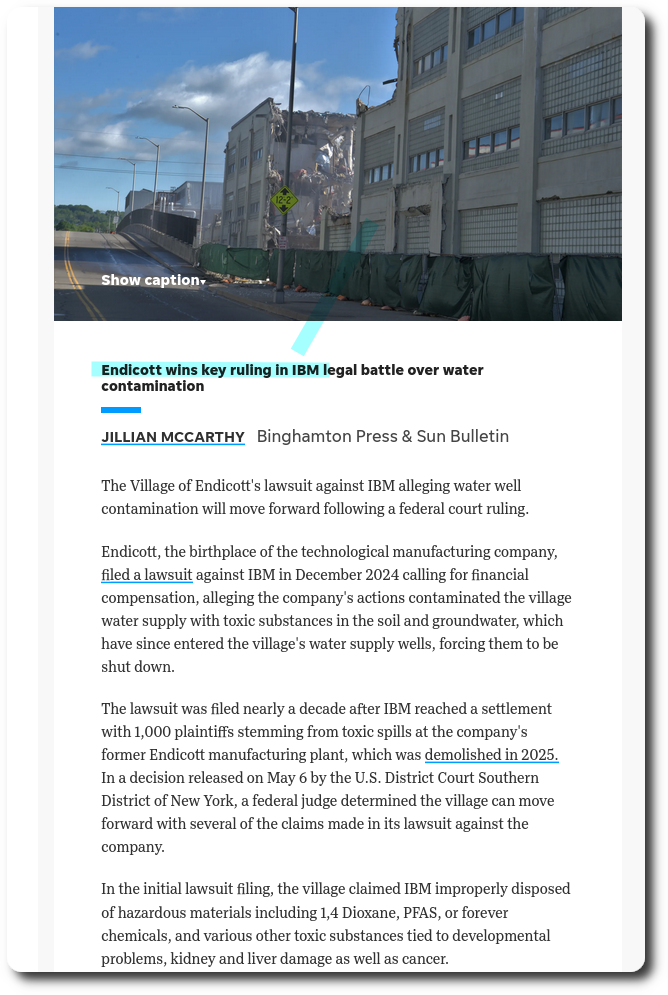 The Village of Endicott's lawsuit against IBM alleging water well contamination will move forward following a federal court ruling.