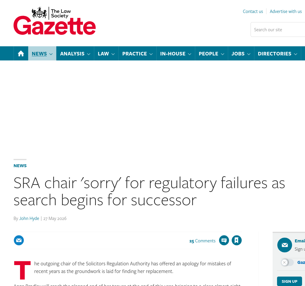 SRA chair 'sorry' for regulatory failures as search begins for successor