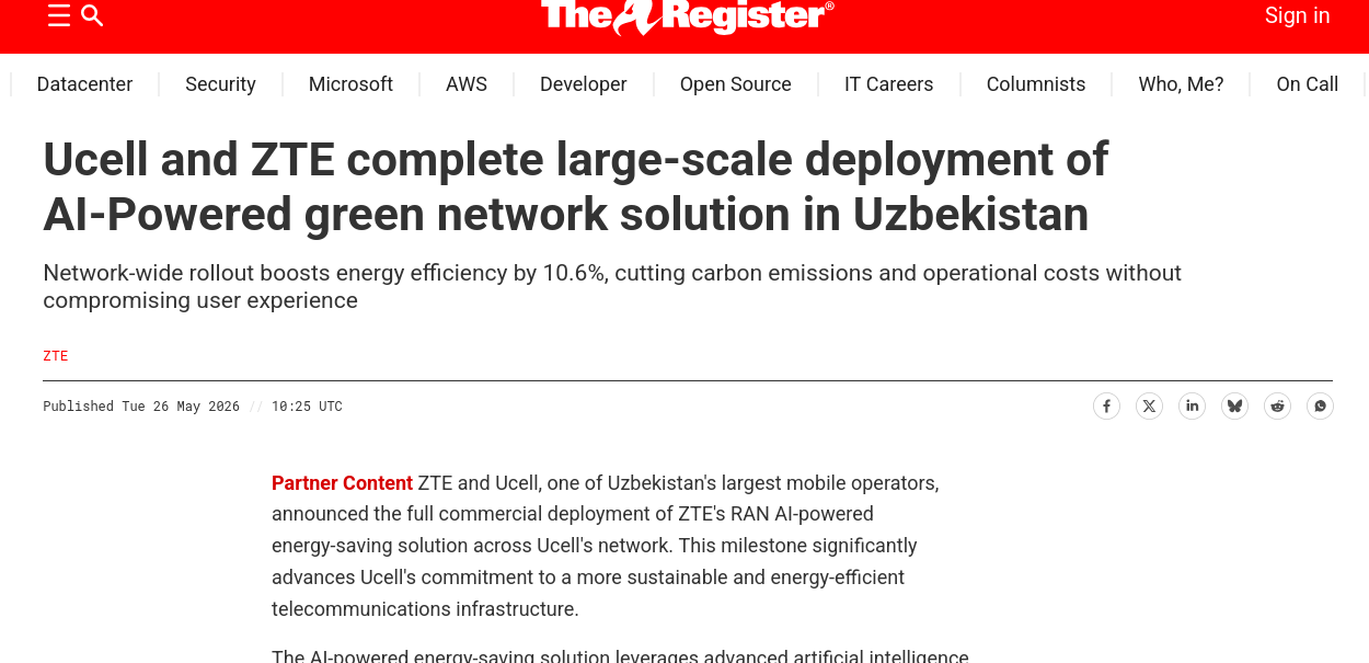 Ucell and ZTE complete large-scale deployment of AI‑Powered green network solution in Uzbekistan
