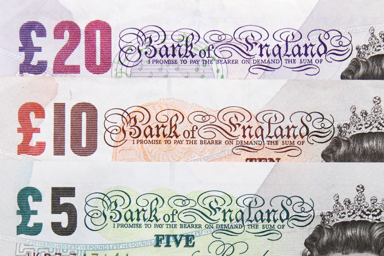 Five, ten and twenty pounds banknotes