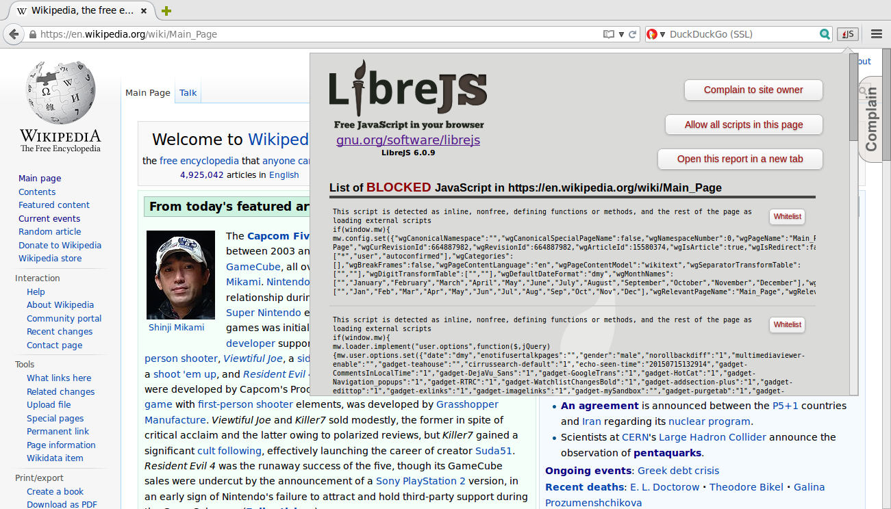GNU LibreJS 6.0.9 showing the blocked elements on the English Wikipedia main page. Tracked in Phabricator Task T38866