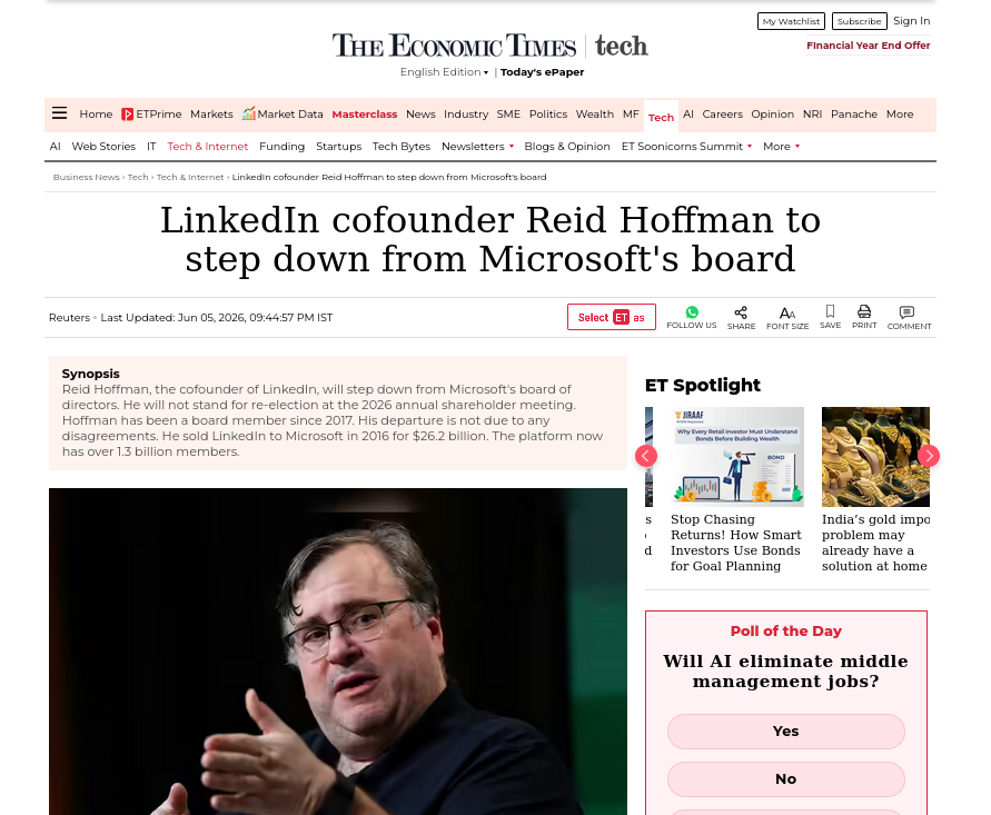 LinkedIn cofounder Reid Hoffman to step down from Microsoft's board