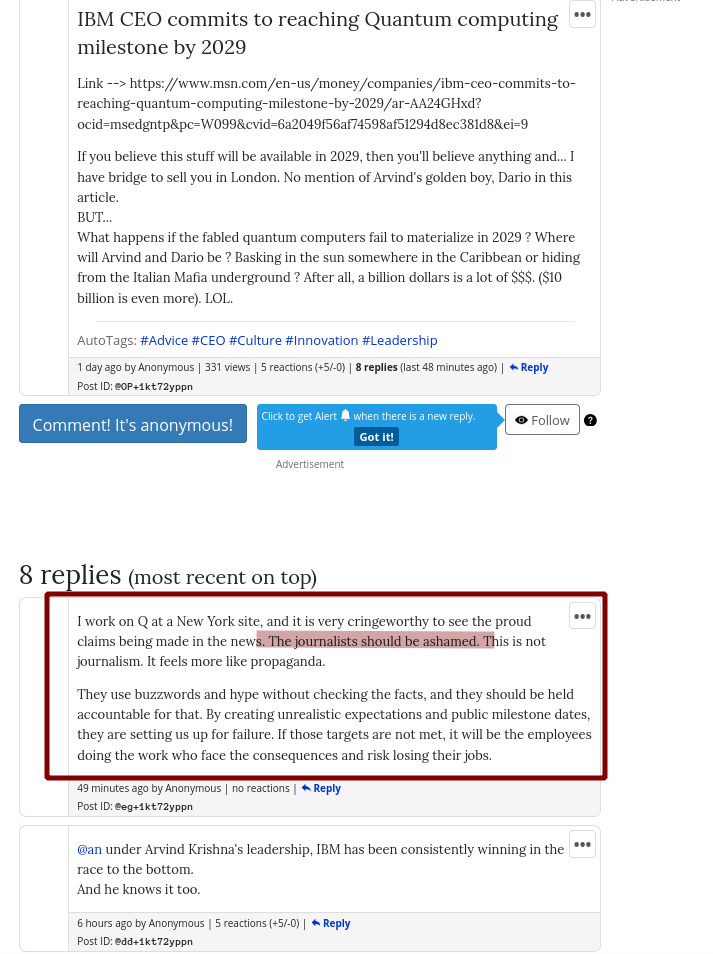 I work on Q at a New York site, and it is very cringeworthy to see the proud claims being made in the news. The journalists should be ashamed. This is not journalism. It feels more like propaganda. They use buzzwords and hype without checking the facts, and they should be held accountable for that. By creating unrealistic expectations and public milestone dates, they are setting us up for failure. If those targets are not met, it will be the employees doing the work who face the consequences and risk losing their jobs.
