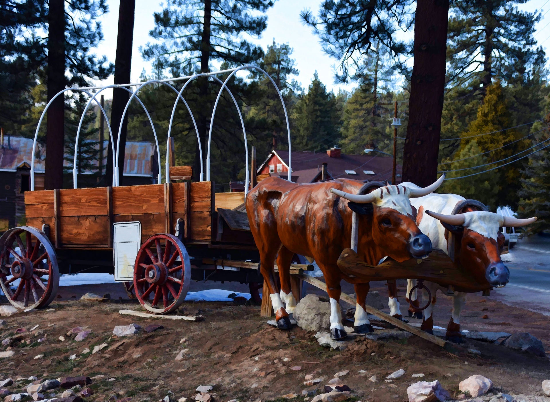 Tent-less pioneer wagon pulled by ox display