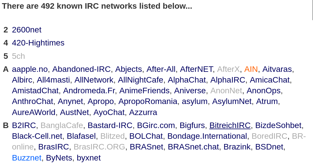 There are 492 known IRC networks listed below...