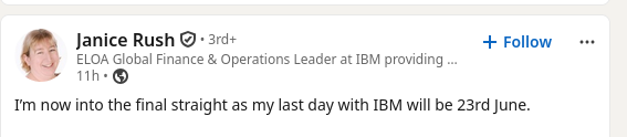 I’m now into the final straight as my last day with IBM will be 23rd June.