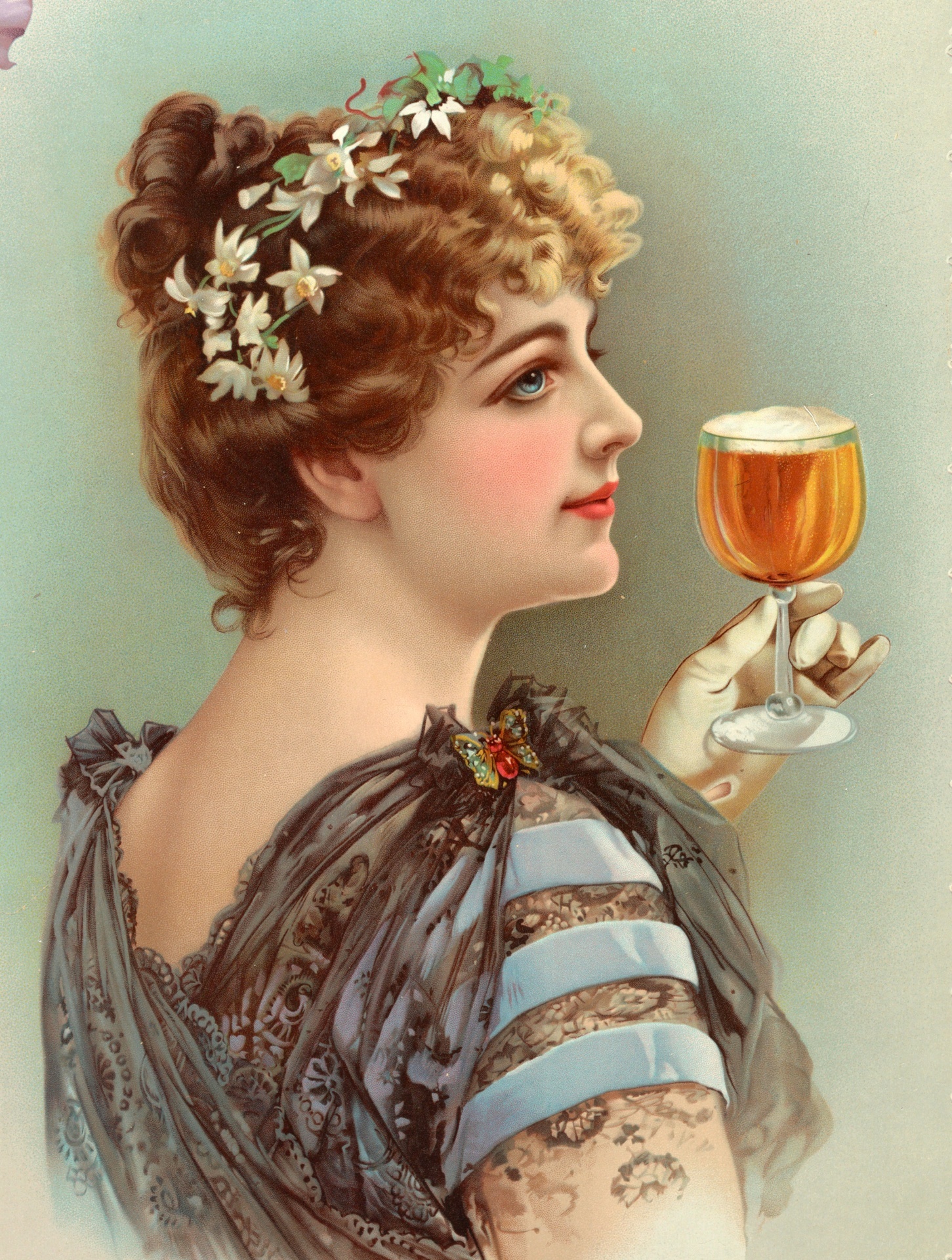 Vintage, antique art illustration of a beautiful young woman holding a glass of beer, advert poster from 1898