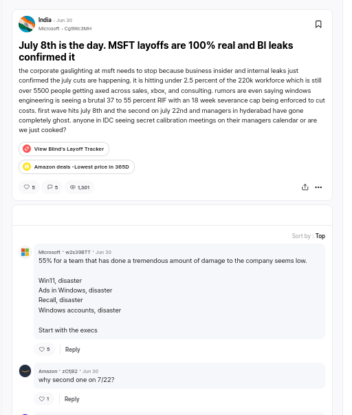the corporate gaslighting at msft needs to stop because business insider and internal leaks just confirmed the july cuts are happening. it is hitting under 2.5 percent of the 220k workforce which is still over 5500 people getting axed across sales, xbox, and consulting. rumors are even saying windows engineering is seeing a brutal 37 to 55 percent RIF with an 18 week severance cap being enforced to cut costs. first wave hits july 8th and the second on july 22nd and managers in hyderabad have gone completely ghost. anyone in IDC seeing secret calibration meetings on their managers calendar or are we just cooked?