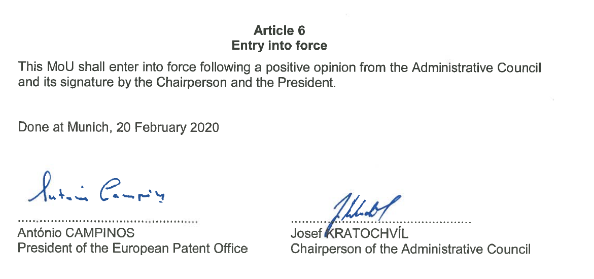 Signatures of Josef Kratochvíl and António Campinos