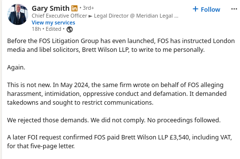 Before the FOS Litigation Group has even launched, FOS has instructed London media and libel solicitors, Brett Wilson LLP, to write to me personally.