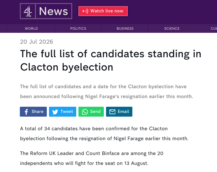 The full list of candidates standing in Clacton byelection