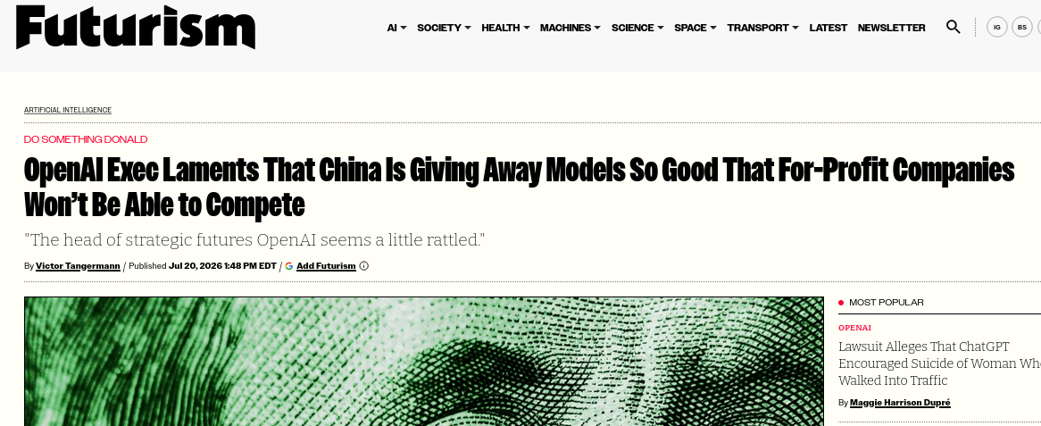OpenAI Exec Laments That China Is Giving Away Models So Good That For-Profit Companies Won’t Be Able to Compete