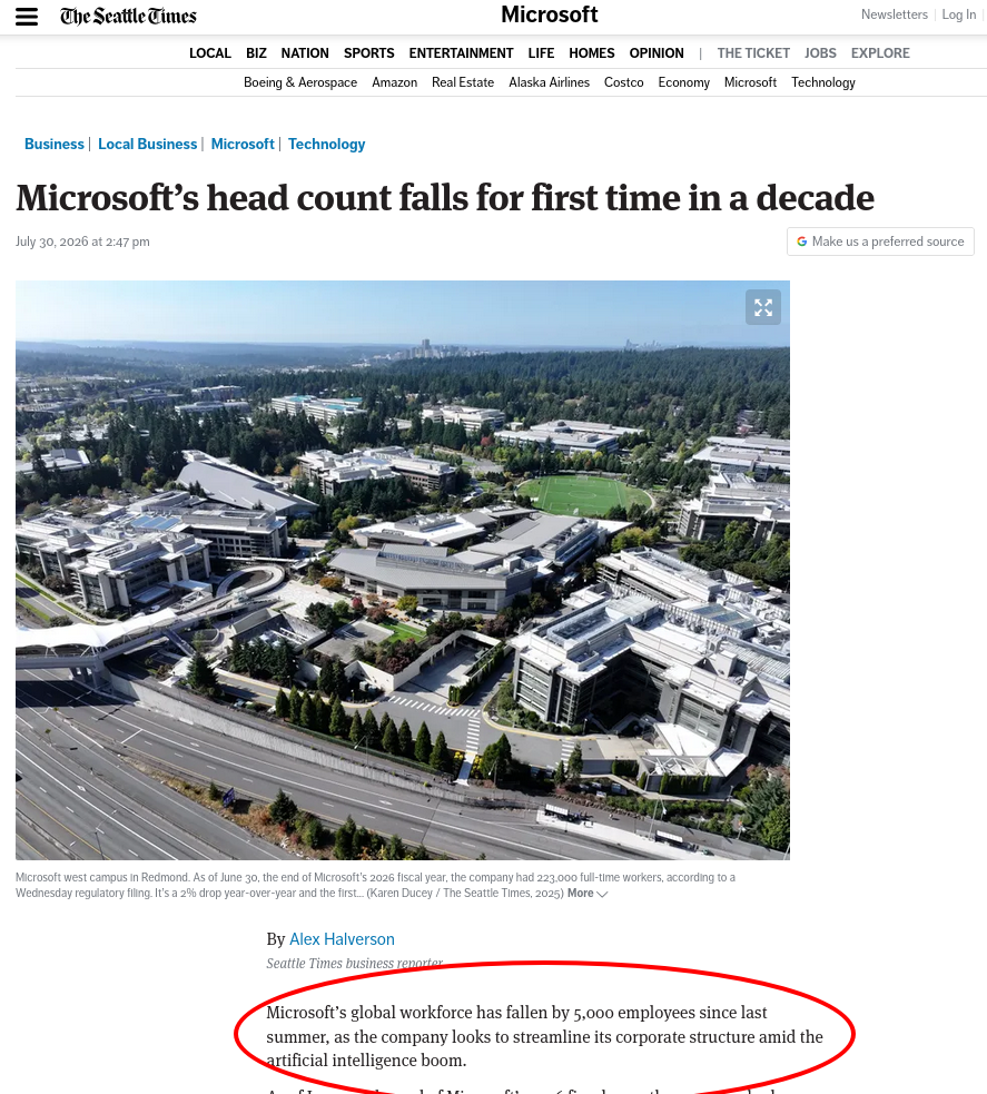Microsoft’s head count falls for first time in a decade