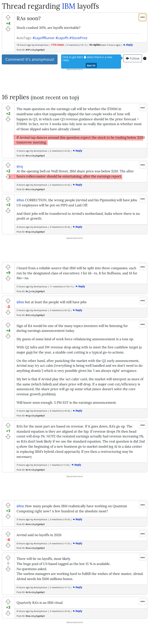 The main question on the earnings call will be whether the $700M in mainframe sales that supposedly slipped the last couple weeks of June will happen in Q3, in which case Q3 revenue guidance should be the prior forecast + $700M. In fact, we're 3 weeks into July now so really the question is whether most of those slipped sales have already closed.