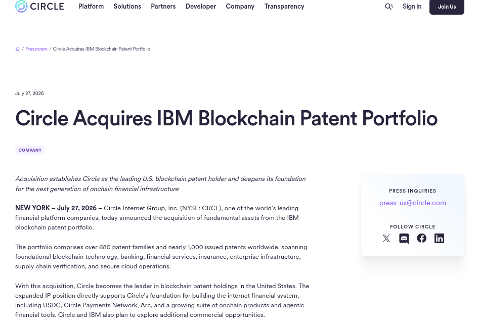 Circle Acquires IBM Blockchain Patent Portfolio