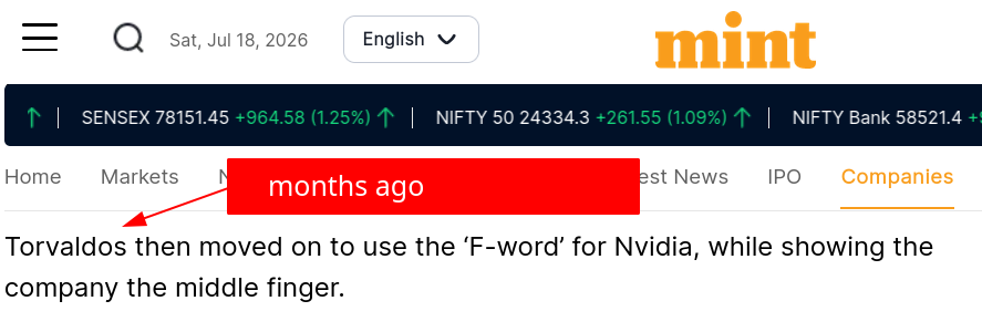 Torvaldos then moved on to use the ‘F-word’ for Nvidia, while showing the company the middle finger.