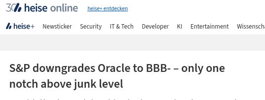 S and P downgrades Oracle to BBB- – only one notch above junk level