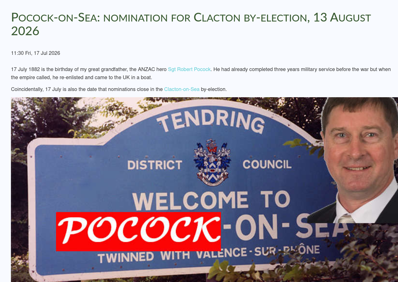 Pocock-on-Sea: nomination for Clacton by-election, 13 August 2026