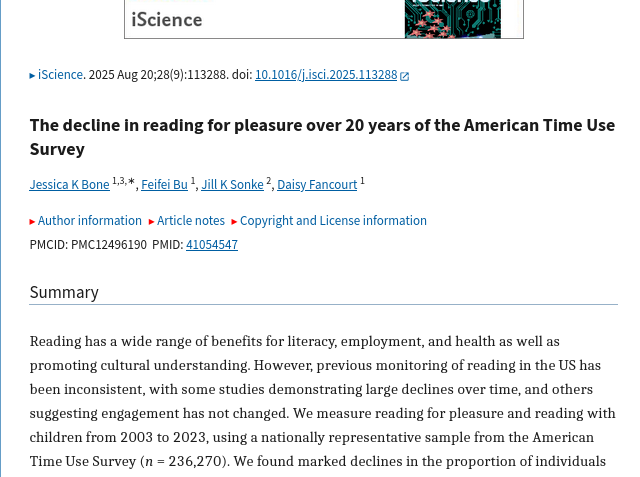 The decline in reading for pleasure over 20 years of the American Time Use Survey