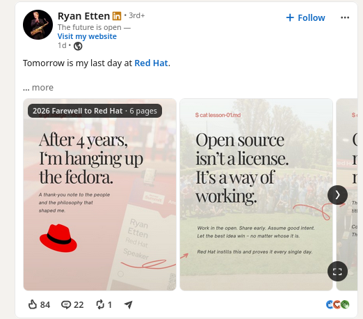 Tomorrow is my last day at Red Hat.