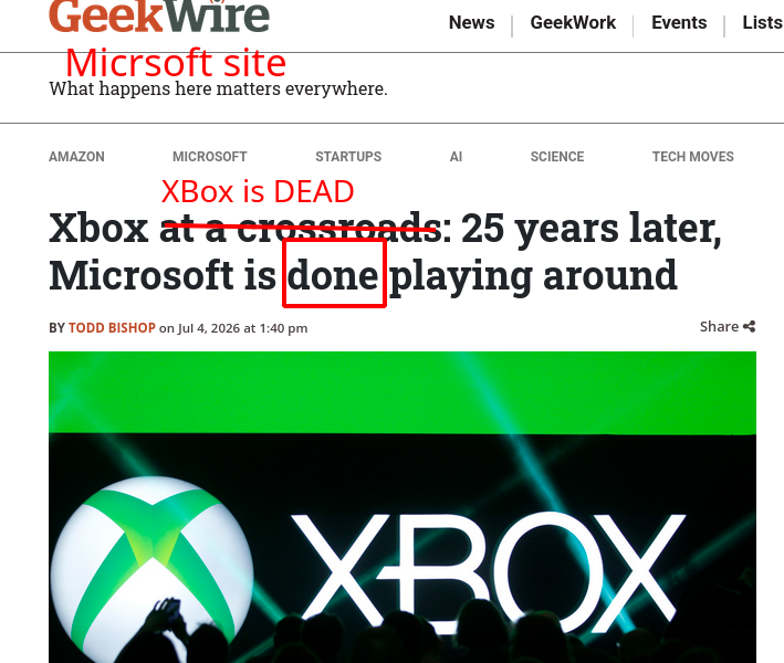 Micrsoft site says 'Xbox at a crossroads: 25 years later, Microsoft is done playing around' in the headline; XBox is DEAD.