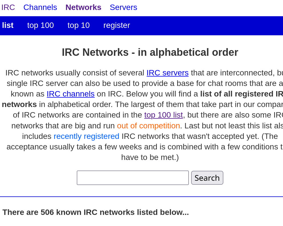 There are 506 known IRC networks listed below...