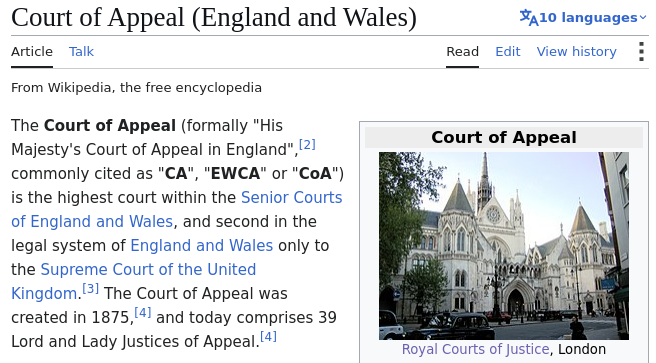 His Majesty's Court of Appeal in England