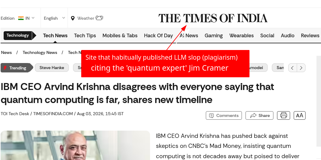 Site that habitually published LLM slop (plagiarism), citing the 'quantum expert' Jim Cramer