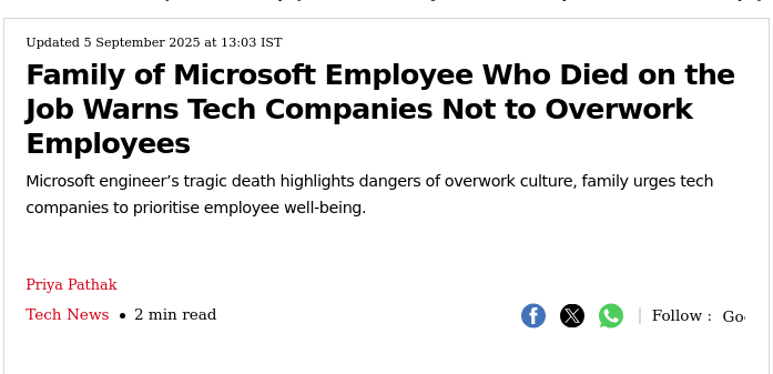  Family of Microsoft Employee Who Died on the Job Warns Tech Companies Not to Overwork Employees