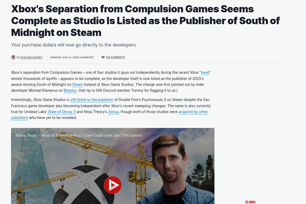Xbox's Separation from Compulsion Games Seems Complete as Studio Is Listed as the Publisher of South of Midnight on Steam