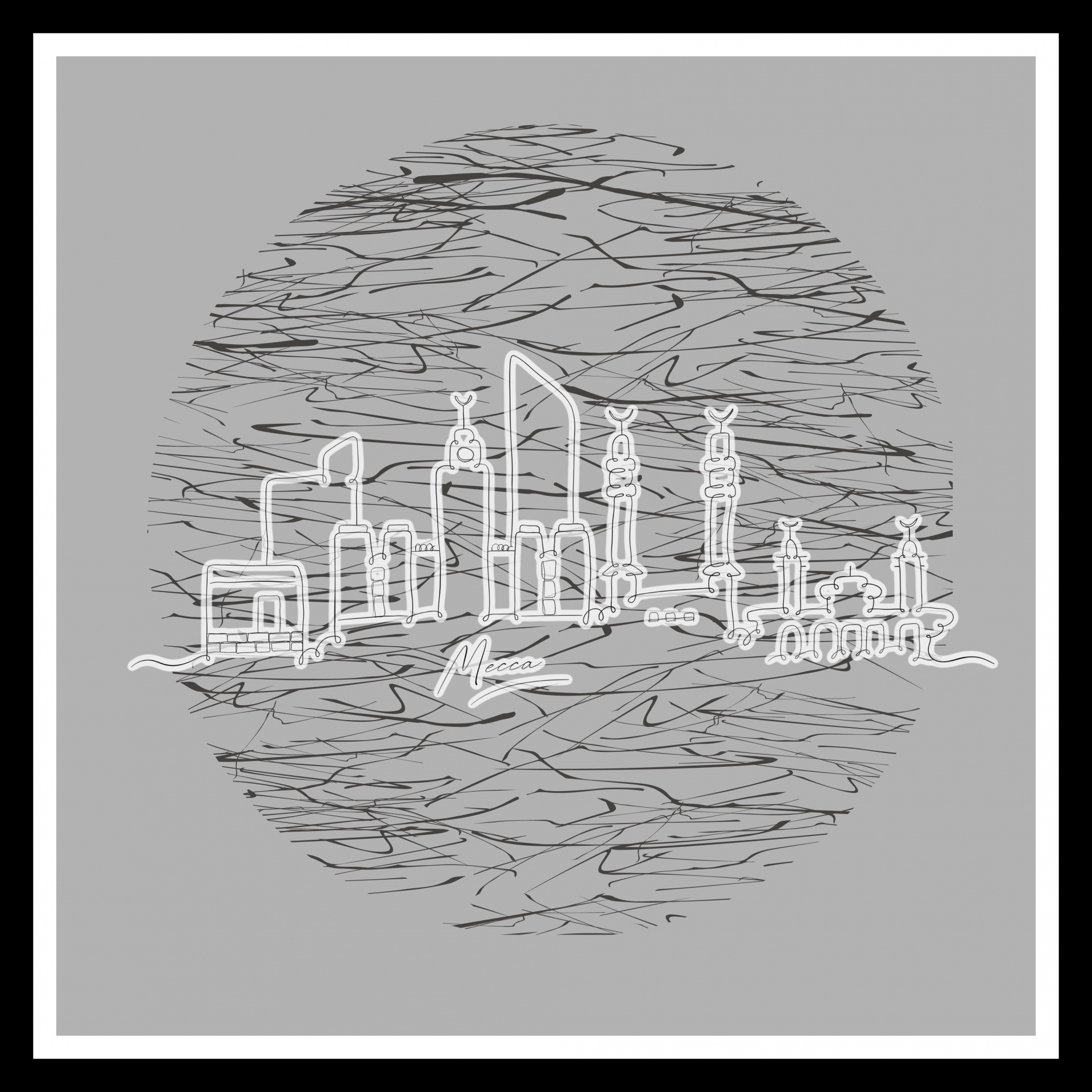 Black and white greyscale line drawing of the Mecca in Saudi Arabia