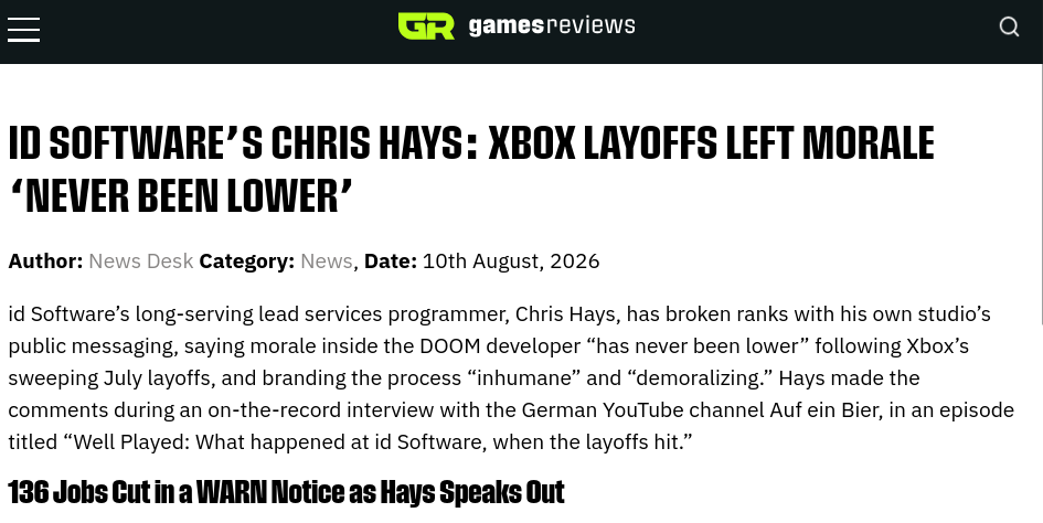 id Software’s Chris Hays: Xbox Layoffs Left Morale ‘Never Been Lower’