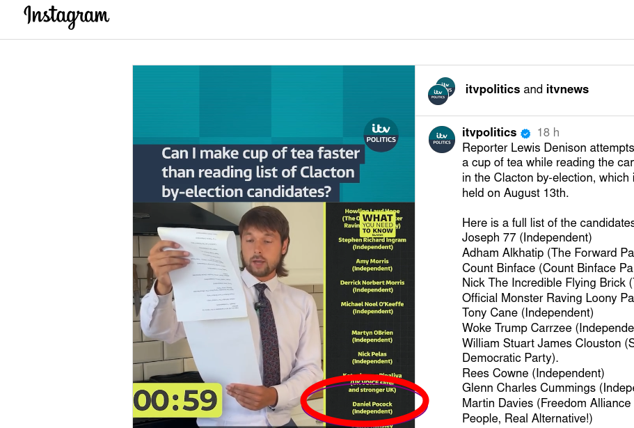 Reporter Lewis Denison attempts to make a cup of tea while reading the candidates in the Clacton by-election, which is being held on August 13th.