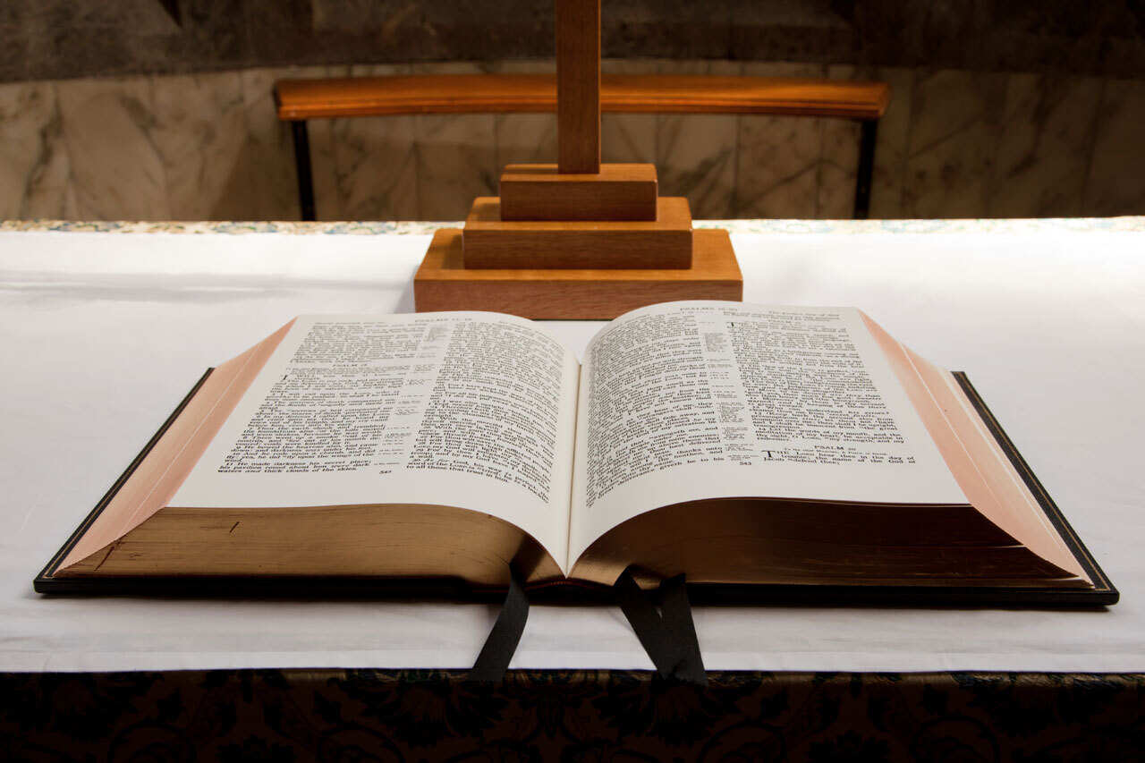 Open bible on the table in the church