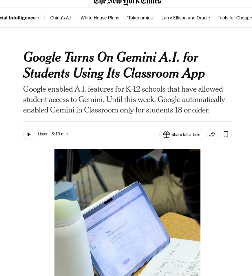 Google Turns On Gemini A.I. for Students Using Its Classroom App