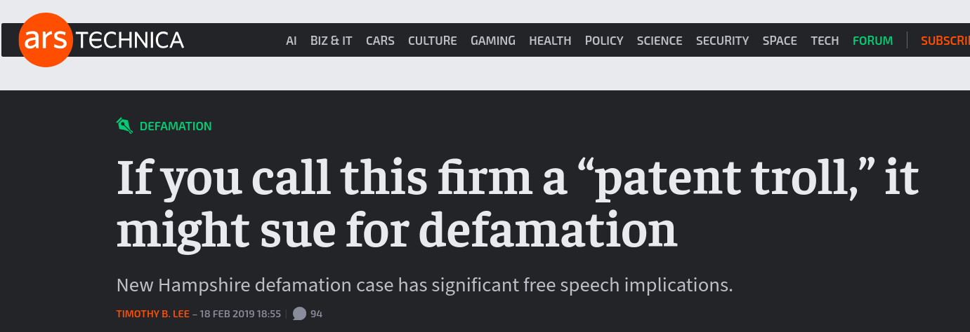 If you call this firm a “patent troll,” it might sue for defamation