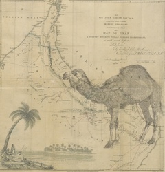 Vintage grunge map of oman with camel and plam tree illustration