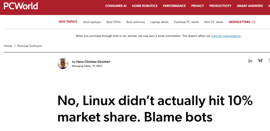 No, Linux didn’t actually hit 10% market share. Blame bots