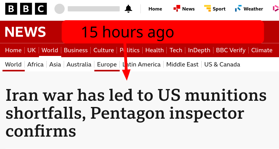 15 hours ago: Iran war has led to US munitions shortfalls, Pentagon inspector confirms