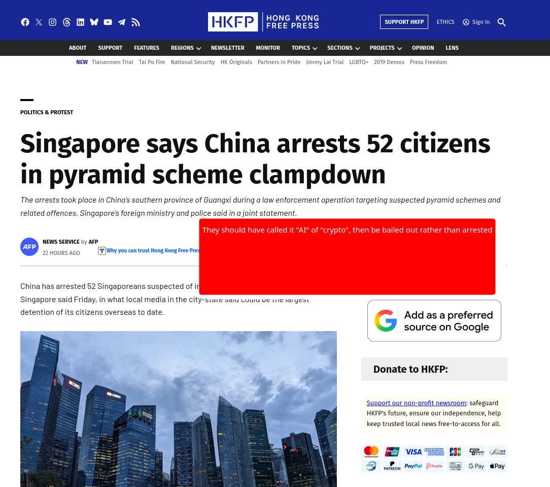 Singapore says China arrests 52 citizens in pyramid scheme clampdown: They should have called it 'AI' of 'crypto', then be bailed out rather than arrested
