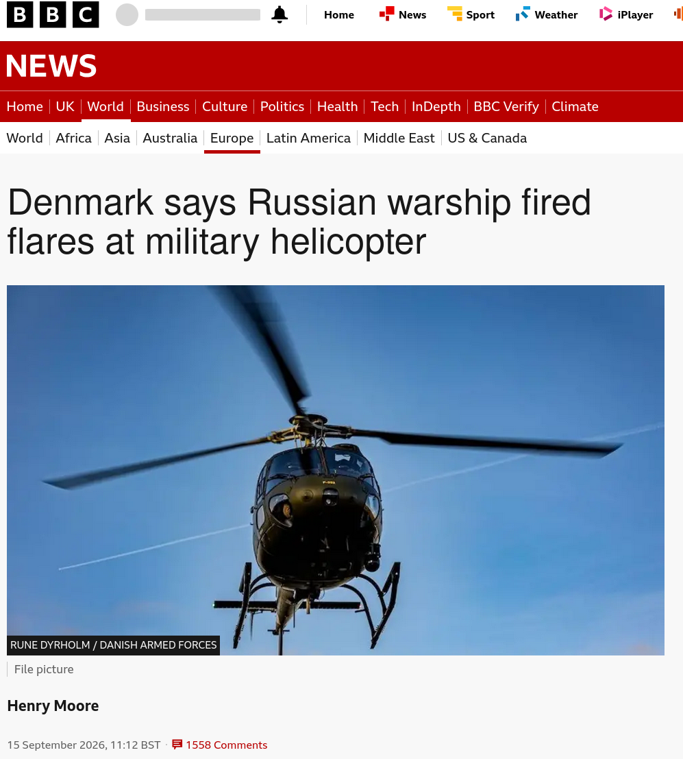 Denmark says Russian warship fired flares at military helicopter