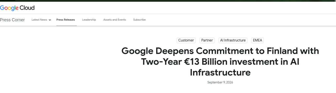 Google Deepens Commitment to Finland with Two-Year €13 Billion investment in AI Infrastructure
